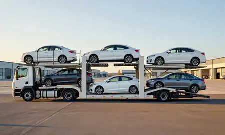 Car transporter parked in an industrial area of Tilton Northfield, New Hampshire, United States