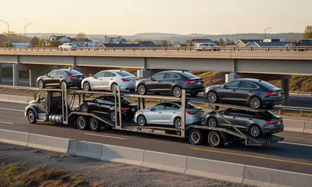 Car transporter with the Tilton Northfield, New Hampshire, United States skyline behind it