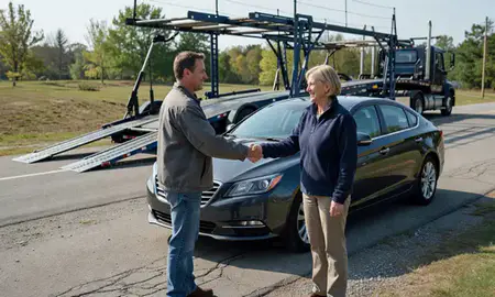 Vehicle owner beside their delivered car in West Swanzey, New Hampshire, United States
