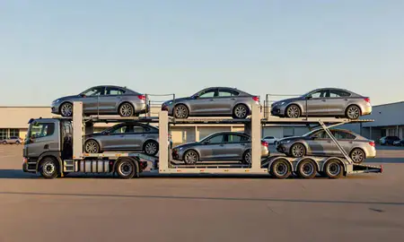 Car transporter parked in an industrial area of West Swanzey, New Hampshire, United States