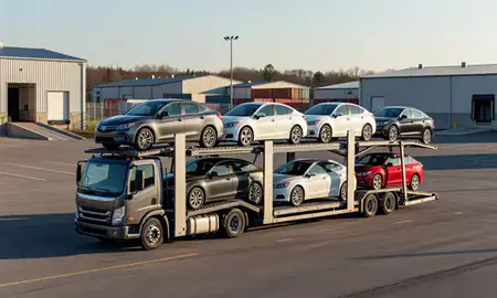 Car transporter loaded with vehicles in West Swanzey, New Hampshire, United States