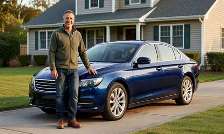 Customer with their delivered car in Woodsville, New Hampshire, United States