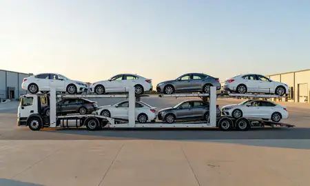 Car transporter parked in an industrial area of Woodsville, New Hampshire, United States