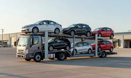 Car transporter loaded with vehicles in Woodsville, New Hampshire, United States