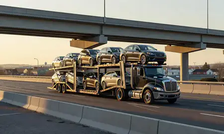 Car transporter with the Woodsville, New Hampshire, United States skyline behind it