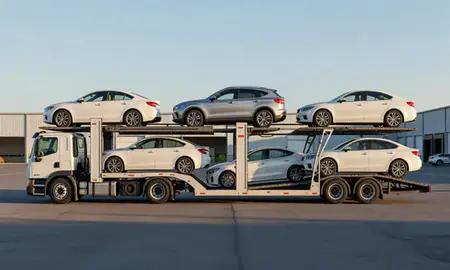 Car transporter parked in an industrial area of New Jersey, United States