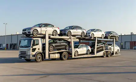 Car transporter loaded with vehicles in New Jersey, United States