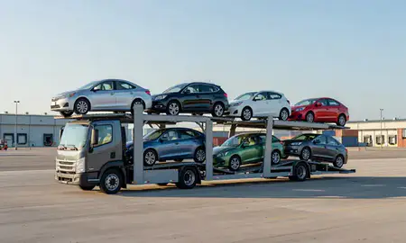 Car transporter loaded with vehicles in Atlantic City, New Jersey, United States