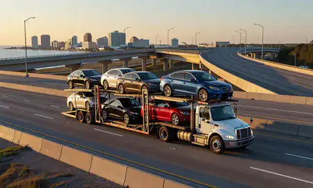 Car transporter with the Atlantic City, New Jersey, United States skyline behind it