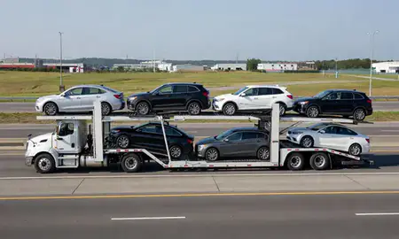 Multi-level car carrier on the highway to Bayonne, New Jersey, United States