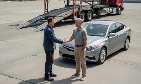 Vehicle owner beside their delivered car in Bayonne, New Jersey, United States