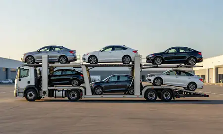 Car transporter parked in an industrial area of Bayonne, New Jersey, United States
