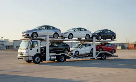 Car transporter loaded with vehicles in Bayonne, New Jersey, United States