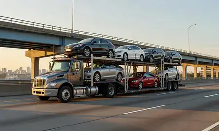 Car transporter with the Bayonne, New Jersey, United States skyline behind it