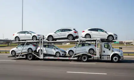 Multi-level car carrier on the highway to Camden, New Jersey, United States