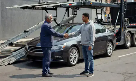 Vehicle owner beside their delivered car in Camden, New Jersey, United States