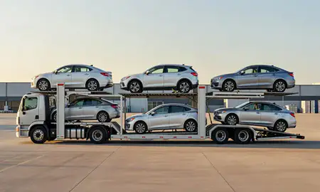 Car transporter parked in an industrial area of Camden, New Jersey, United States