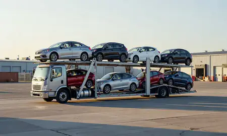 Car transporter loaded with vehicles in Camden, New Jersey, United States