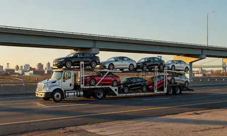 Car transporter with the Camden, New Jersey, United States skyline behind it