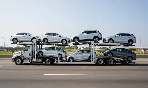 Multi-level car carrier on the highway to Clifton, New Jersey, United States