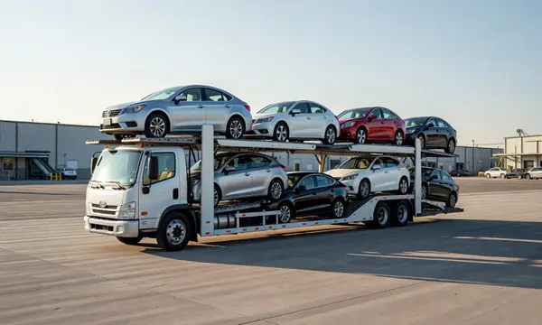 Car transporter loaded with vehicles in Clifton, New Jersey, United States