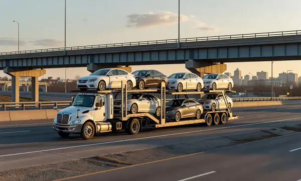 Car transporter with the Clifton, New Jersey, United States skyline behind it