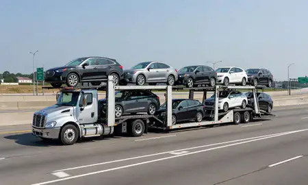 Multi-level car carrier on the highway to East Orange, New Jersey, United States