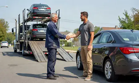 Vehicle owner beside their delivered car in East Orange, New Jersey, United States