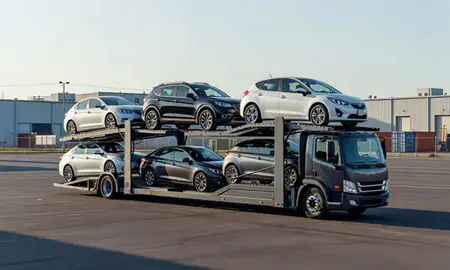 Car transporter loaded with vehicles in East Orange, New Jersey, United States