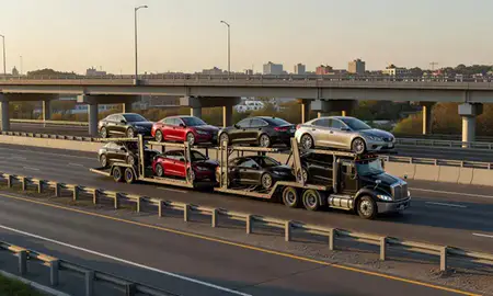 Car transporter with the East Orange, New Jersey, United States skyline behind it