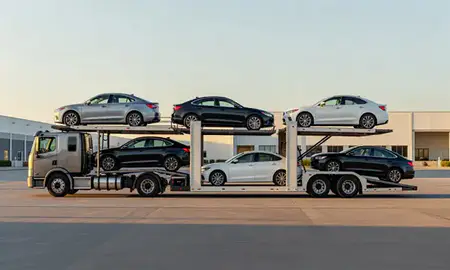 Car transporter parked in an industrial area of Elizabeth, New Jersey, United States