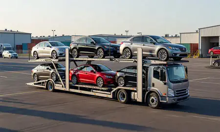 Car transporter loaded with vehicles in Elizabeth, New Jersey, United States