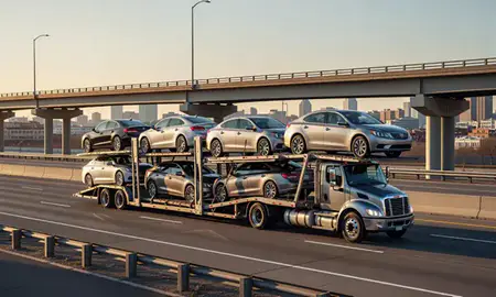 Car transporter with the Elizabeth, New Jersey, United States skyline behind it