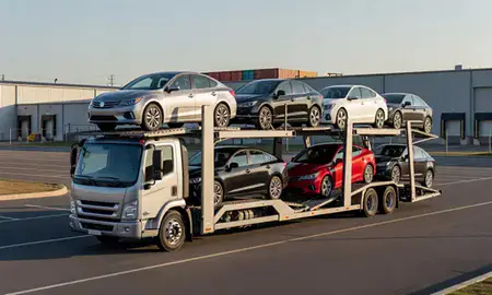 Car transporter loaded with vehicles in Fair Lawn, New Jersey, United States