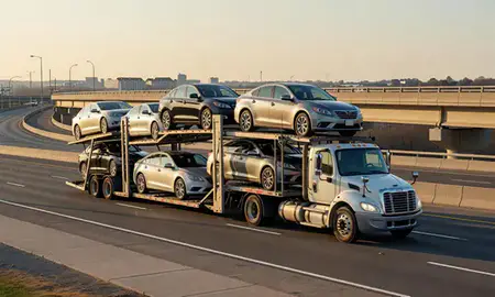 Car transporter with the Fair Lawn, New Jersey, United States skyline behind it