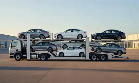 Car transporter parked in an industrial area of Fort Lee, New Jersey, United States