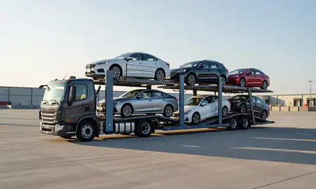 Car transporter loaded with vehicles in Fort Lee, New Jersey, United States