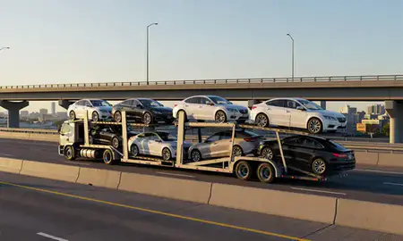 Car transporter with the Fort Lee, New Jersey, United States skyline behind it