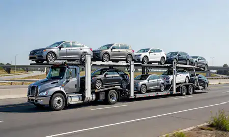 Multi-level car carrier on the highway to Garfield, New Jersey, United States