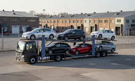 Car transporter loaded with vehicles in Garfield, New Jersey, United States