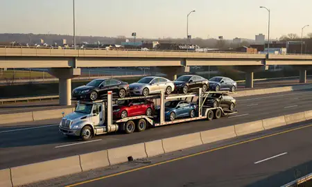 Car transporter with the Garfield, New Jersey, United States skyline behind it