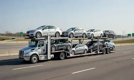 Multi-level car carrier on the highway to Hackensack, New Jersey, United States