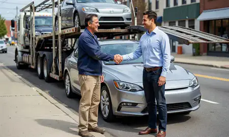 Vehicle owner beside their delivered car in Hackensack, New Jersey, United States