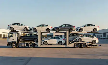 Car transporter parked in an industrial area of Hackensack, New Jersey, United States