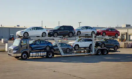 Car transporter loaded with vehicles in Hackensack, New Jersey, United States