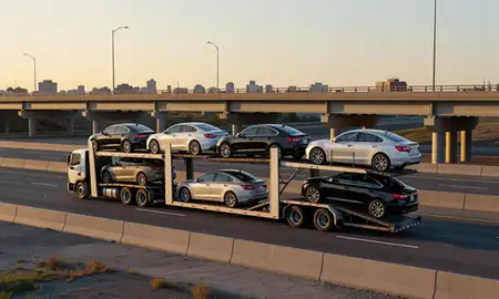 Car transporter with the Hackensack, New Jersey, United States skyline behind it