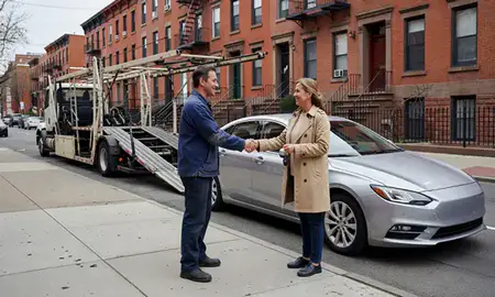 Vehicle owner beside their delivered car in Hoboken, New Jersey, United States
