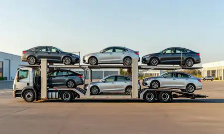 Car transporter parked in an industrial area of Hoboken, New Jersey, United States