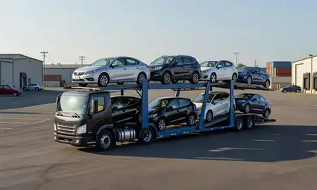 Car transporter loaded with vehicles in Hoboken, New Jersey, United States