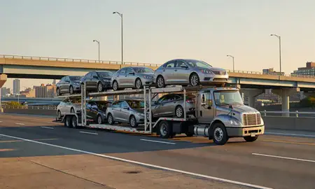 Car transporter with the Hoboken, New Jersey, United States skyline behind it